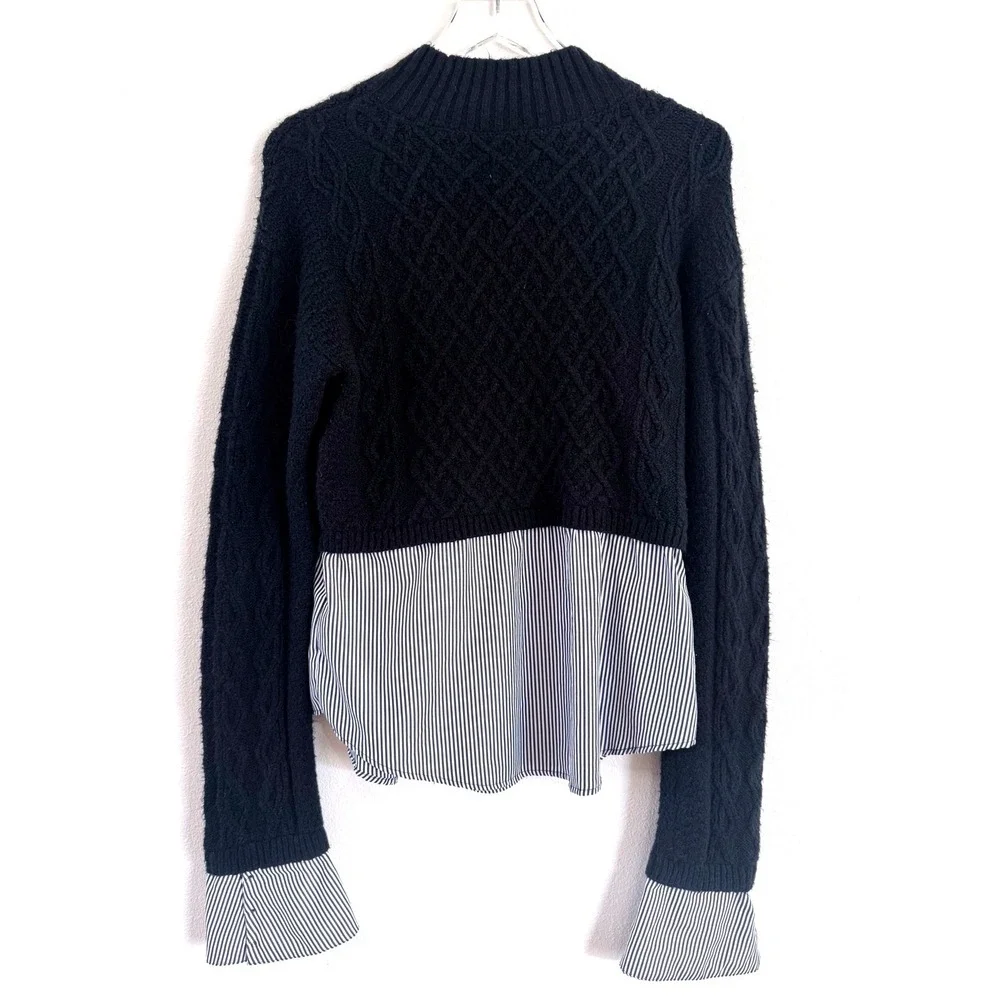 Maeve by Anthropologie Navy Cable-Knit Layered Sweater with Striped Shirt Hem - Picture 4 of 4